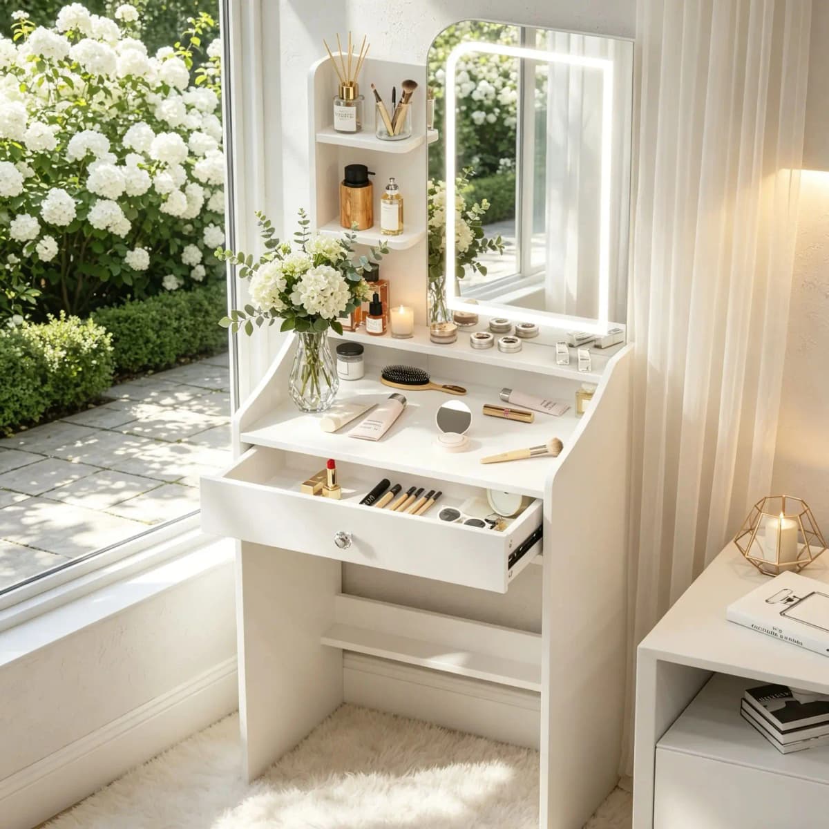 Black Modern Vanity Set with Led Bulbs Lighted Mirror, 1 Drawer, 3 Color Dimmable, Easy Assembly Bedroom Makeup Desk