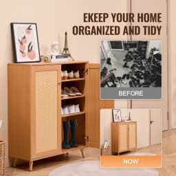 SucceBuy 5Tiers 2Door 40.35" Tall and Adjustable Shelves Rattan Shoe Storage Entryway Cabinet Ideal for Entryway Closet Hallway