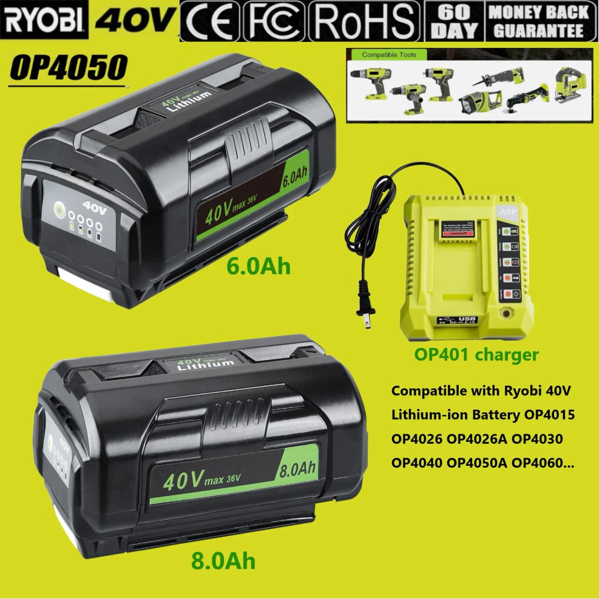 Replacement for Ryobi 40V 6.0/8.0 Lithium OP4040 Battery With OP401 Charger P4050 OP40602 OP40261 OP4060 OP4030