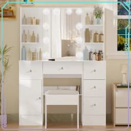 Dressing Table Set 5 Drawers with 10 LED Lights Mirror and Stool Vanity Desk