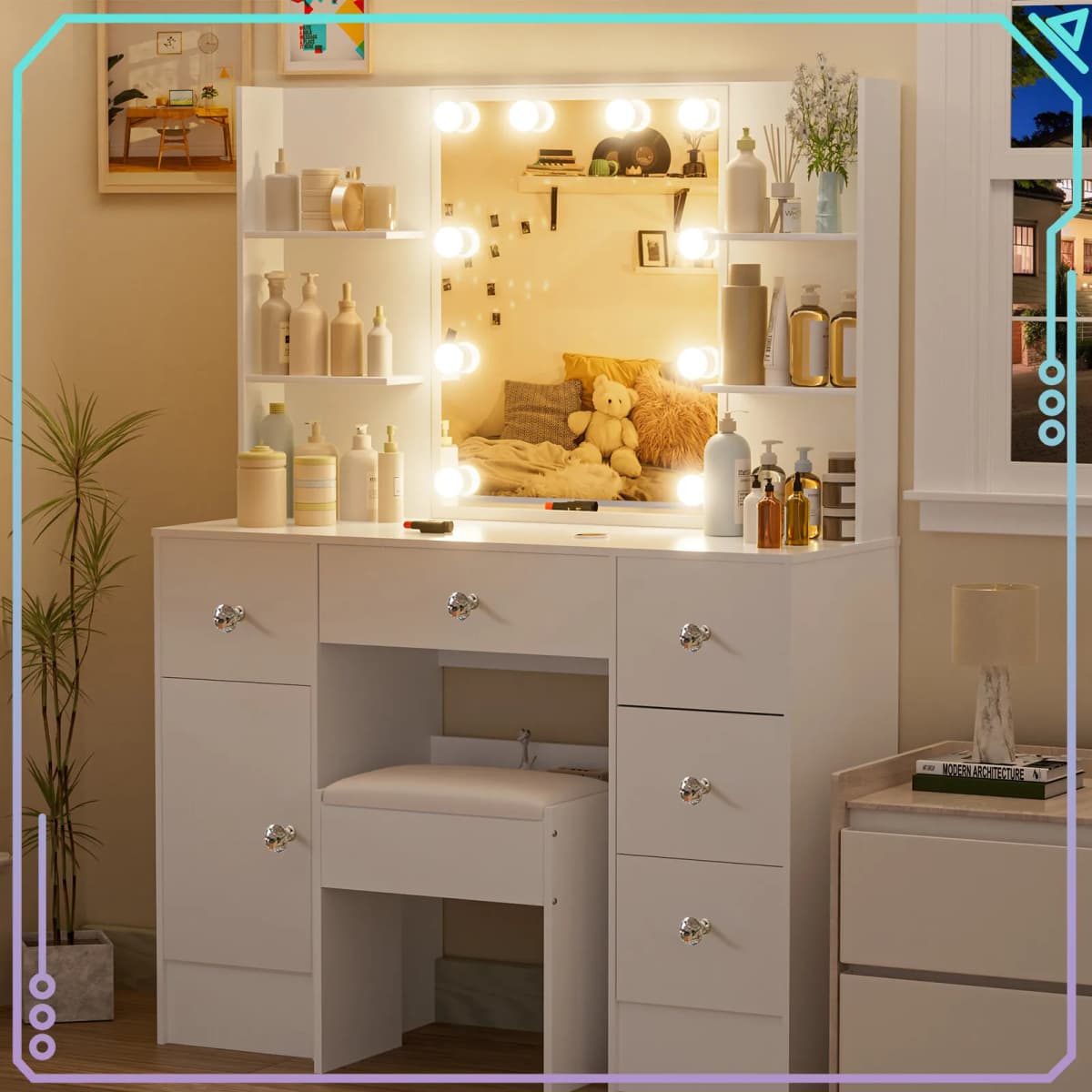 Dressing Table Set 5 Drawers with 10 LED Lights Mirror and Stool Vanity Desk