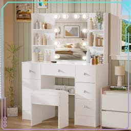 Dressing Table Set 5 Drawers with 10 LED Lights Mirror and Stool Vanity Desk