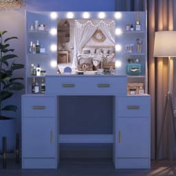 Modern White Home Bedroom Dressing Table Makeup Vanity Dresser with Large Mirror & 4 Storage Drawers Organizer Vanity Desk