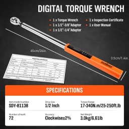 HORUSDY 1/2" Drive Digital Torque Wrench, 25-250Ft.lb / 34-340N.m 2% Accuracy LED Display with Socket Adaptors DIY & Home Repair