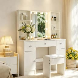 White Modern Vanity Set with Led Lighted Mirror & Stool, Jewelry Organizer Drawers, Bedroom Dressing Table for Women