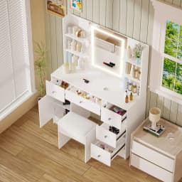 White Modern Vanity Set with Led Lighted Mirror & Stool, Jewelry Organizer Drawers, Bedroom Dressing Table for Women