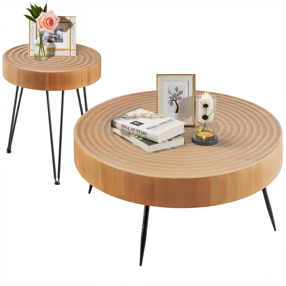 SucceBuy Coffee Tables Sets Living Room Table with End Side Table Coffee and End Tables Sets with Metal Legs for Living Room