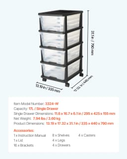 SucceBuy Plastic Storage Drawers Cart w/ Wheels Rolling Closet Organization and Storage Dividers for Office Supplies Classrooms