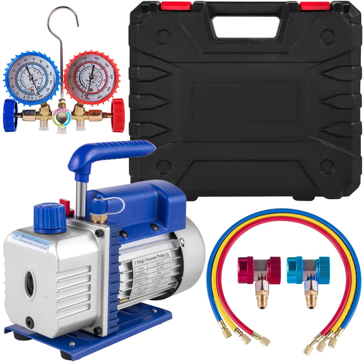 SucceBuy Vacuum Pump 4CFM 1/4HP HVAC A/C Air Refrigerant Rotary Vane Vacuum Pump 1-Stage 1 Valve AC Manifold Gauge R134a Set