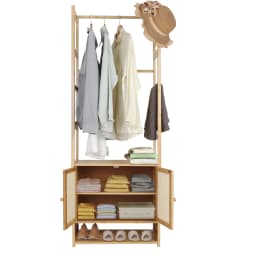 Clothes Stand with Cabinet Free-standing Bamboo Open Garment Rack with Storage Shelves Hanging Clothes Rack for Living Room