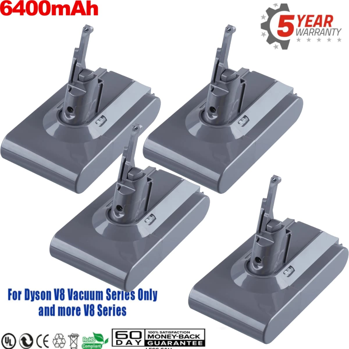 1/2/4Pack 6.4Ah V8 Li-on Replace for Dyson V8 Battery Absolute Cord-Free Vacuum Handheld Vacuum Cleaner Dyson 21.6V Battery Pin