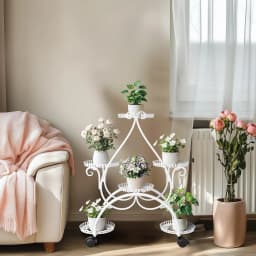 6 Tiered Metal Flower Pot Display Stand Indoor Outdoor Tall Plant Rack with Rolling Wheels
