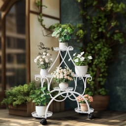 6 Tiered Metal Flower Pot Display Stand Indoor Outdoor Tall Plant Rack with Rolling Wheels