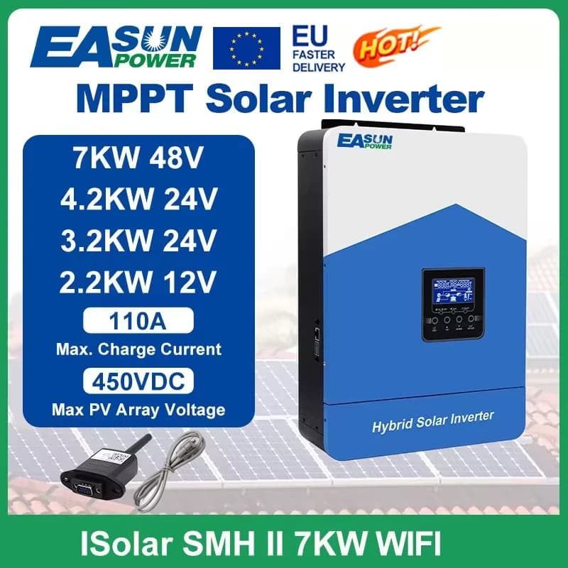 Easun Power 7000w 4200w 3200w 2200w 12v 24v 48v MPPT Hybrid Off Grid Pure Sine Wave 80a 110a 230v 50/60hz Solar Inverter Charger