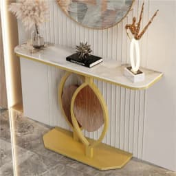 Marble Console Table for Entrance Hallway Wood Leaf Shape with Stable Gold Legs