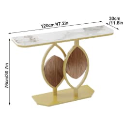 Marble Console Table for Entrance Hallway Wood Leaf Shape with Stable Gold Legs