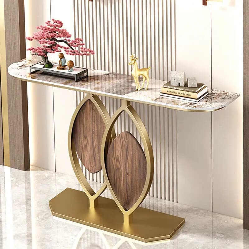 Marble Console Table for Entrance Hallway Wood Leaf Shape with Stable Gold Legs