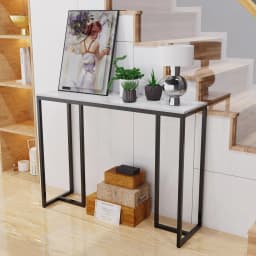 LUVODI Modern Long Console Table with White Marble Top And Black Metal Legs Sofa Behind Table for Entryway Foyer Decor