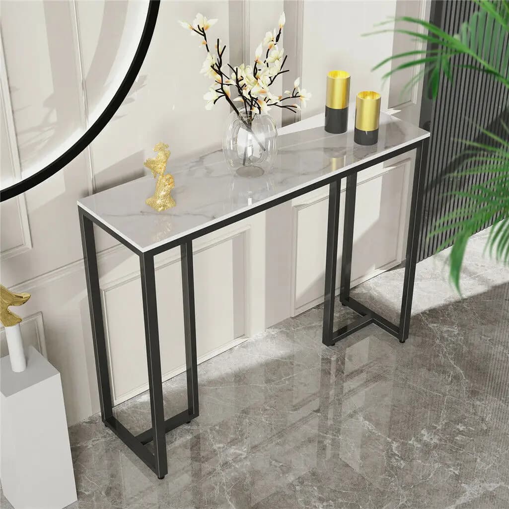 LUVODI Modern Long Console Table with White Marble Top And Black Metal Legs Sofa Behind Table for Entryway Foyer Decor