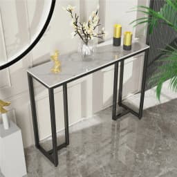 LUVODI Modern Long Console Table with White Marble Top And Black Metal Legs Sofa Behind Table for Entryway Foyer Decor