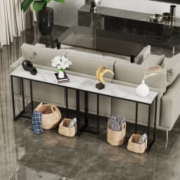 LUVODI Modern Long Console Table with White Marble Top And Black Metal Legs Sofa Behind Table for Entryway Foyer Decor