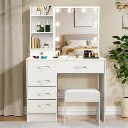 Teousev Dressing Desk Makeup Vanity NEW Dimmable 10 LED Bulbs Mirror Storage Organizer Bedroom White Makeup Dresser Table