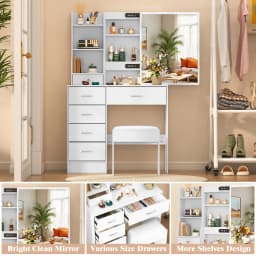 Teousev Dressing Desk Makeup Vanity NEW Dimmable 10 LED Bulbs Mirror Storage Organizer Bedroom White Makeup Dresser Table