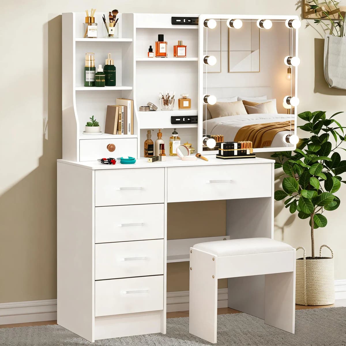 Teousev Dressing Desk Makeup Vanity NEW Dimmable 10 LED Bulbs Mirror Storage Organizer Bedroom White Makeup Dresser Table