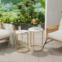 LUVODI Nesting Round Side Table Set of 2, Sintered Stone Top & Golden Metal Frame, Stacking End Tables for Living Room Bedroom