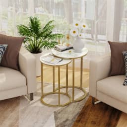 LUVODI Nesting Round Side Table Set of 2, Sintered Stone Top & Golden Metal Frame, Stacking End Tables for Living Room Bedroom