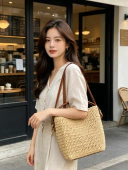 New Arrival Raffia Woven Large Capacity Bucket Bag with Leather Trim, French Lazy Vacation Style Shoulder Bag
