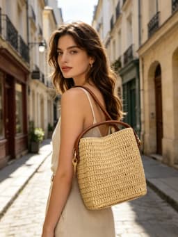 New Arrival Raffia Woven Large Capacity Bucket Bag with Leather Trim, French Lazy Vacation Style Shoulder Bag