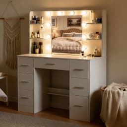 Modern White Vanity Table, 10 Dimmable LED Bulbs, 3 Color Adjustable Mirror, Storage Organizer