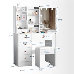 White Vanity Desk with Mirror And LED Lights 10 Bulbs 3 Color Modes Dressing Table Set with Storage Drawers And Chair for Bedroom
