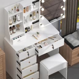 White Vanity Desk with Mirror And LED Lights 10 Bulbs 3 Color Modes Dressing Table Set with Storage Drawers And Chair for Bedroom