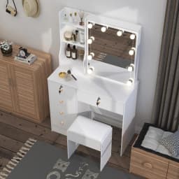 White Vanity Desk with Mirror And LED Lights 10 Bulbs 3 Color Modes Dressing Table Set with Storage Drawers And Chair for Bedroom