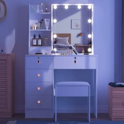 White Vanity Desk with Mirror And LED Lights 10 Bulbs 3 Color Modes Dressing Table Set with Storage Drawers And Chair for Bedroom