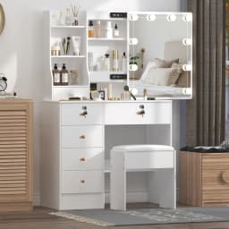 White Vanity Desk with Mirror And LED Lights 10 Bulbs 3 Color Modes Dressing Table Set with Storage Drawers And Chair for Bedroom