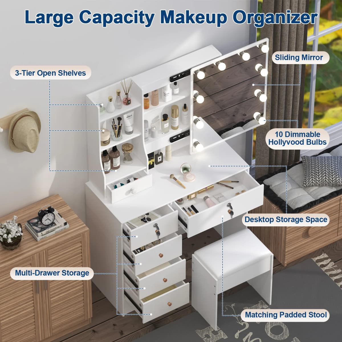 White Vanity Desk with Mirror And LED Lights 10 Bulbs 3 Color Modes Dressing Table Set with Storage Drawers And Chair for Bedroom