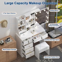 White Vanity Desk with Mirror And LED Lights 10 Bulbs 3 Color Modes Dressing Table Set with Storage Drawers And Chair for Bedroom