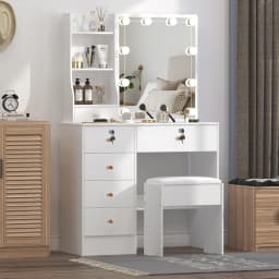 White Vanity Desk with Mirror And LED Lights 10 Bulbs 3 Color Modes Dressing Table Set with Storage Drawers And Chair for Bedroom