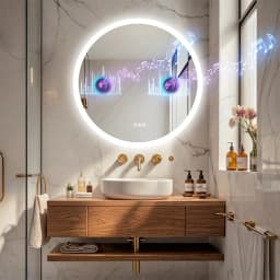 32 Inch Round Lighted Bathroom Mirror with Bluetooth Speaker,Wall-Mounted Backlit Vanity Mirror 3 Colors Dimmable Anti-fog
