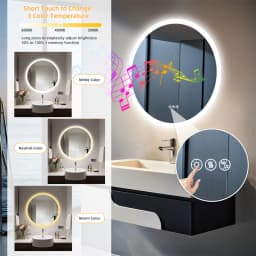 32 Inch Round Lighted Bathroom Mirror with Bluetooth Speaker,Wall-Mounted Backlit Vanity Mirror 3 Colors Dimmable Anti-fog