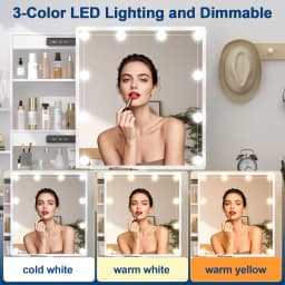 White Vanity Desk Set, 10 LED Bulbs 3 Color Dimmable Mirror, with Stool & Storage, Bedroom Dressing Table