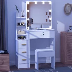 White Vanity Desk Set, 10 LED Bulbs 3 Color Dimmable Mirror, with Stool & Storage, Bedroom Dressing Table