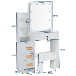 White Vanity Desk Set, 10 LED Bulbs 3 Color Dimmable Mirror, with Stool & Storage, Bedroom Dressing Table