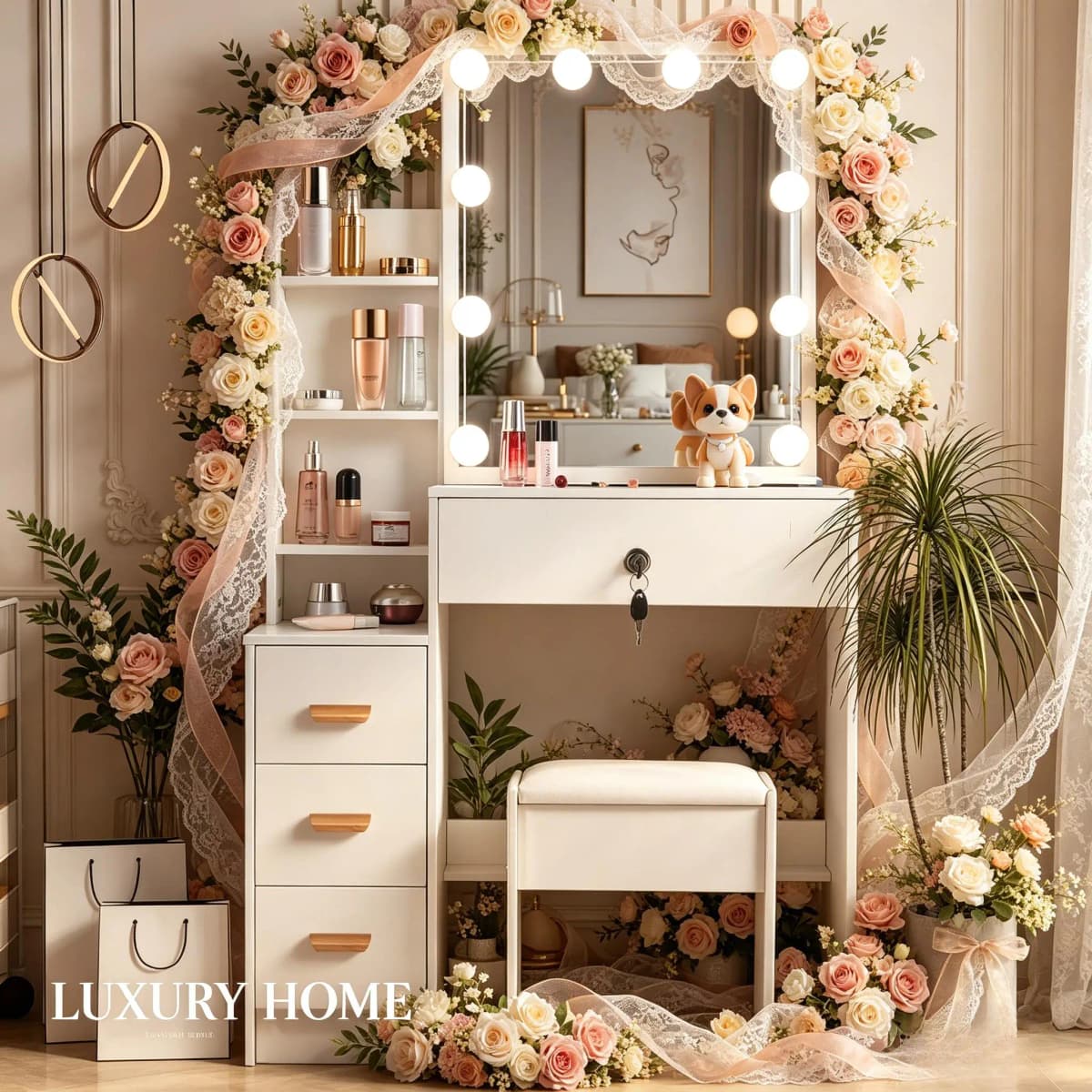 White Vanity Desk Set, 10 LED Bulbs 3 Color Dimmable Mirror, with Stool & Storage, Bedroom Dressing Table