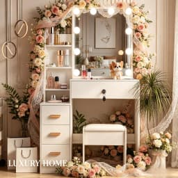 White Vanity Desk Set, 10 LED Bulbs 3 Color Dimmable Mirror, with Stool & Storage, Bedroom Dressing Table