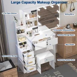 White Vanity Desk Set, 10 LED Bulbs 3 Color Dimmable Mirror, with Stool & Storage, Bedroom Dressing Table