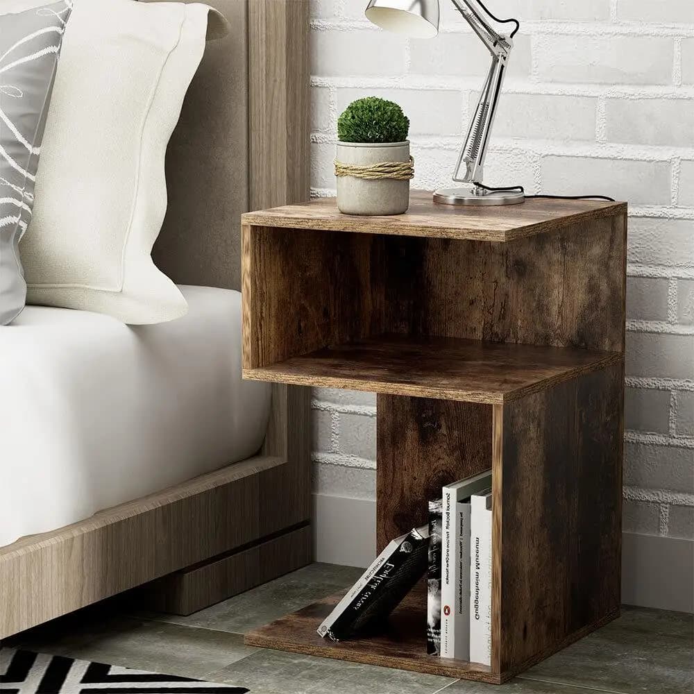 Bedside Table Shelf Side End Table Storage Nightstand Rust Oak Modern Wooden Organizer